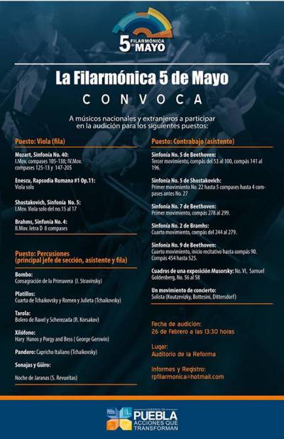 Filarmónica 5 de Mayo de Puebla abre convocatoria para músicos