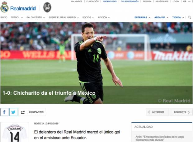 Real Madrid destacó en sitio web anotación de Chicharito con el Tri