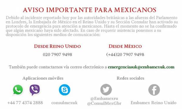 Embajada de México en Reino Unido emite alerta tras atentado