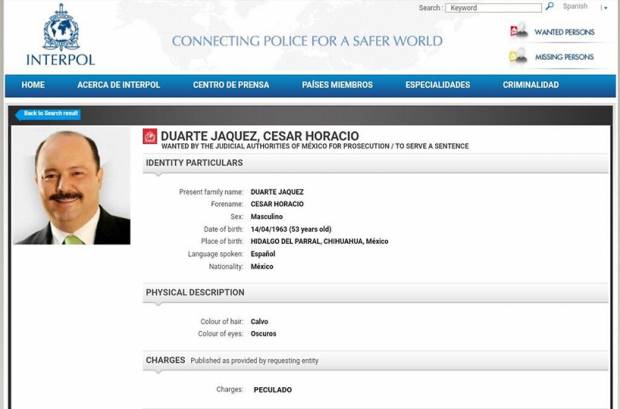 Interpol busca al ex gobernador de Chihuahua en 190 países