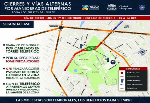 Cierres viales por segundo montaje del cableado del teleférico de Puebla