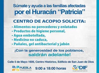 Puebla abre centro de acopio para ayudar a damnificados de “Patricia”