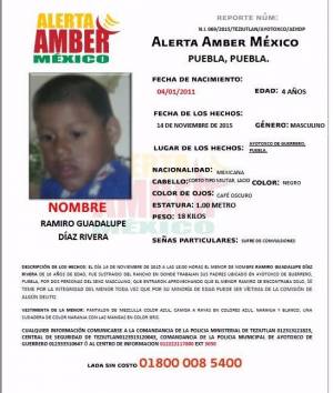 Alerta Amber para localizar a menor sustraído en Ayotoxco, Puebla
