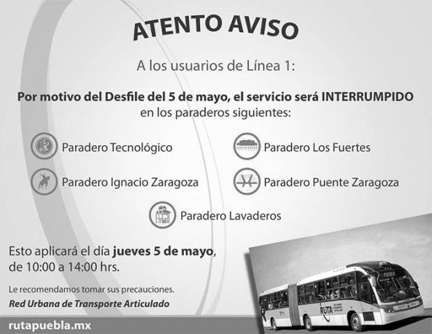 RUTA Puebla cerrará cinco paraderos durante festejos del 5 de Mayo