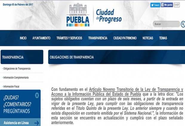 2016 con el índice más bajo en solicitudes de información para el Ayuntamiento de Puebla