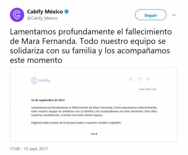 Cabify lamenta asesinato de Mara Castilla y pide castigo para el responsable