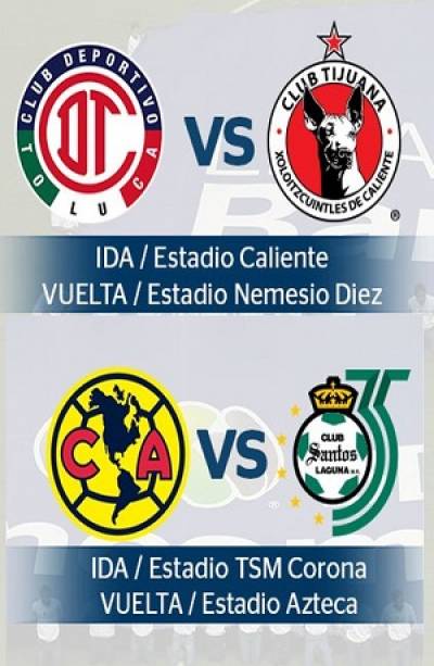 Liga MX: América-Santos y Toluca-Xolos, las semifinales