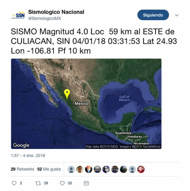 Se registran cuatro sismos en Culiacán, Oaxaca y Chiapas