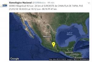 Se registró sismo de 4.0 grados con epicentro en Chiautla de Tapia