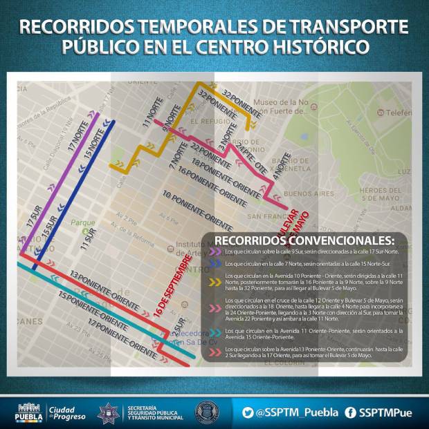 Estos son los nuevos recorridos del transporte público en el Centro Histórico de Puebla