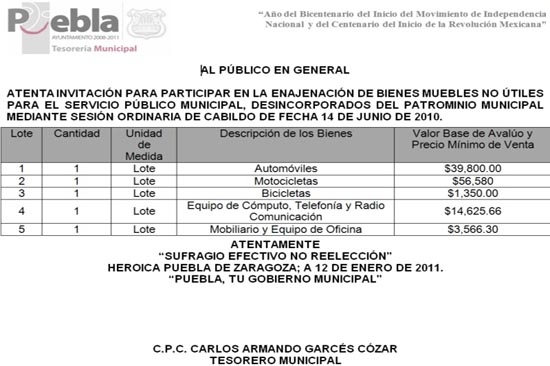 Regidores rematarán autos en $1170; motos en $1285; y bicicletas en $54