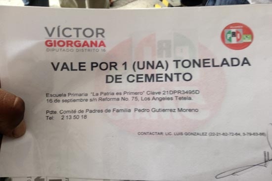 Giorgana ofrece cemento a cambio de votos, acusa Puebla Unida