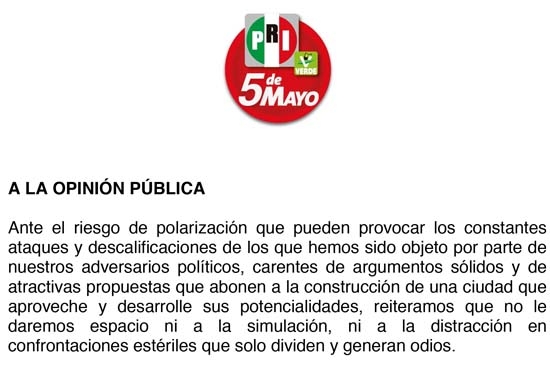 No aceptaré difamaciones ni calumnias de Puebla Unida: Agüera
