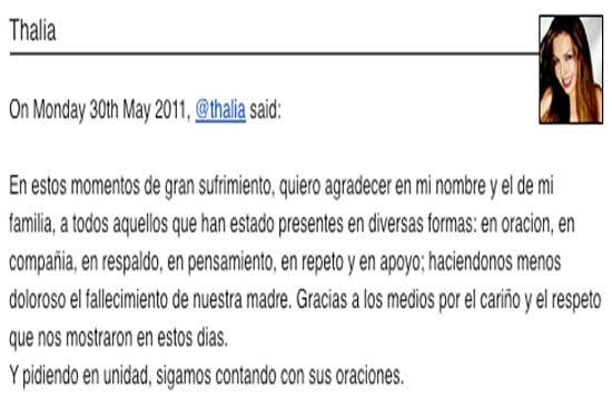 Thalía agradece en Twitter apoyo de sus fans