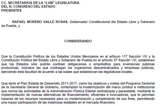 Moreno Valle busca blindaje financiero por hasta 7 mil 500 mdp