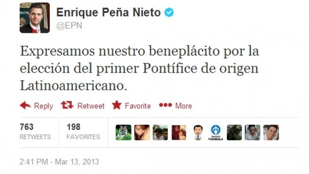 Peña Nieto felicitó por Twitter al nuevo Papa