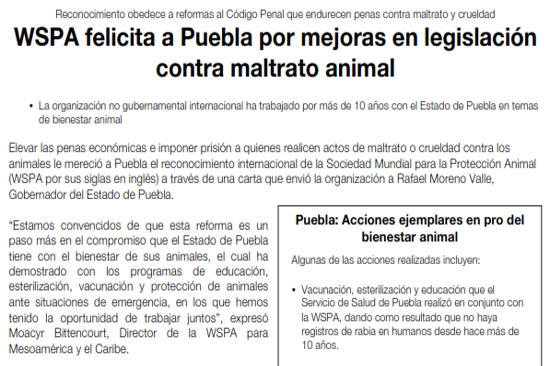 WSPA felicita a Puebla y RMV por legislar contra los #Matagatos