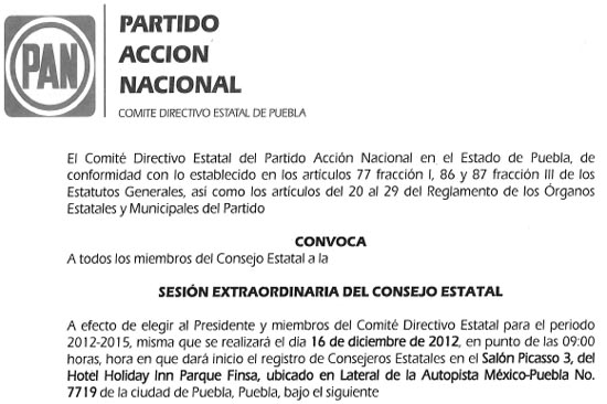 PAN elegirá nuevo dirigente en Puebla el 16 de diciembre
