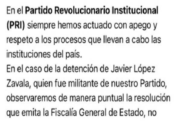 PRI desconoce a López Zavala: “que se aplique el peso de la ley”