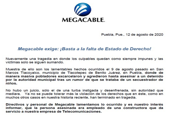 Megacable aclara que linchado en Tlacotepec no era su empleado y exige justicia