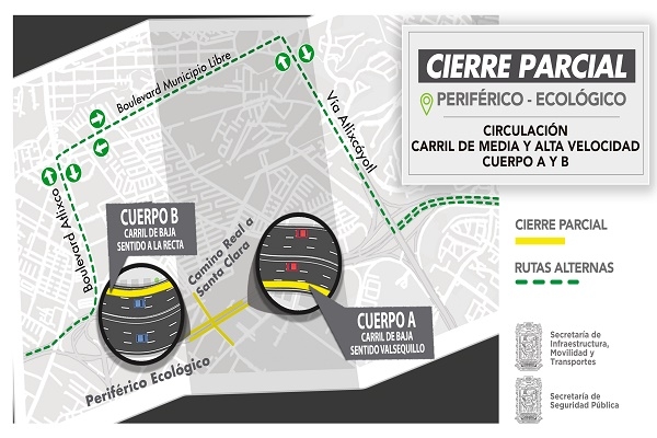 Reducción de carriles en el Periférico Ecológico por obras en Tlaxcalancingo