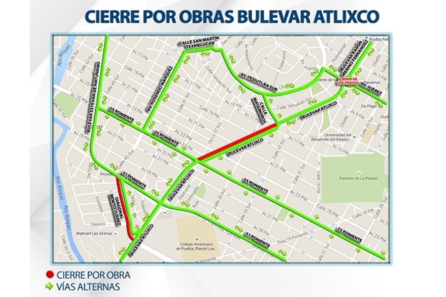Cierres viales por obras en Bulevar Atlixco