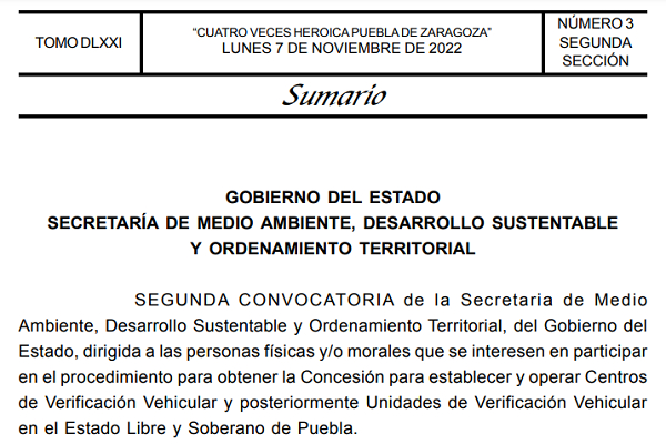 Emiten segunda convocatoria para 17 concesiones más de verificentros en Puebla