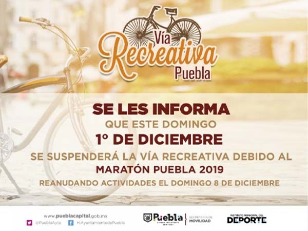 Por Maratón Internacional se suspende la Vía Recreativa Puebla este domingo