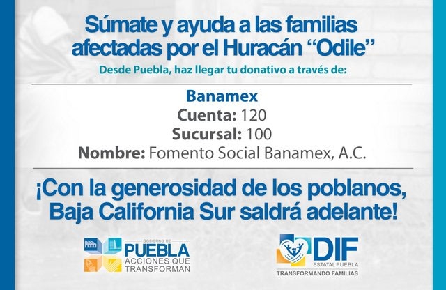 Abren cuenta bancaria en Puebla para apoyar a BCS