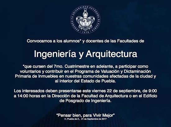 La BUAP convoca a estudiantes de ingeniería y arquitectura a evaluar daños a inmuebles por el sismo