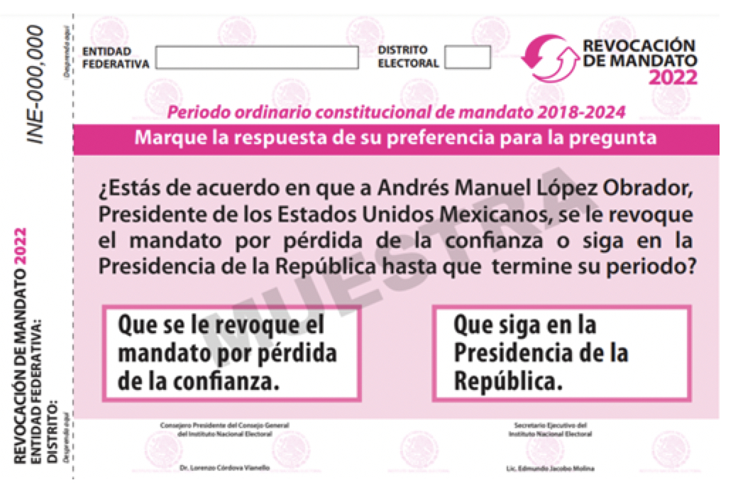 Esta es la boleta aprobada por el INE para consulta sobre revocación del presidente