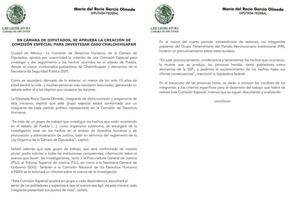 Cámara de Diputados crea Comisión Especial para investigar caso Chalchihuapan