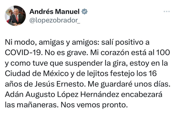 López Obrador revela que tiene COVID-19; Adán Augusto encabezará “mañaneras”