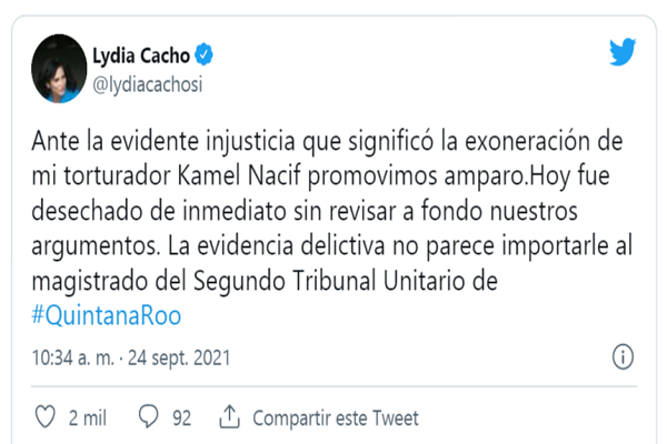 Juez desecha amparo promovido por Lydia Cacho ante exoneración de Kamel Nacif