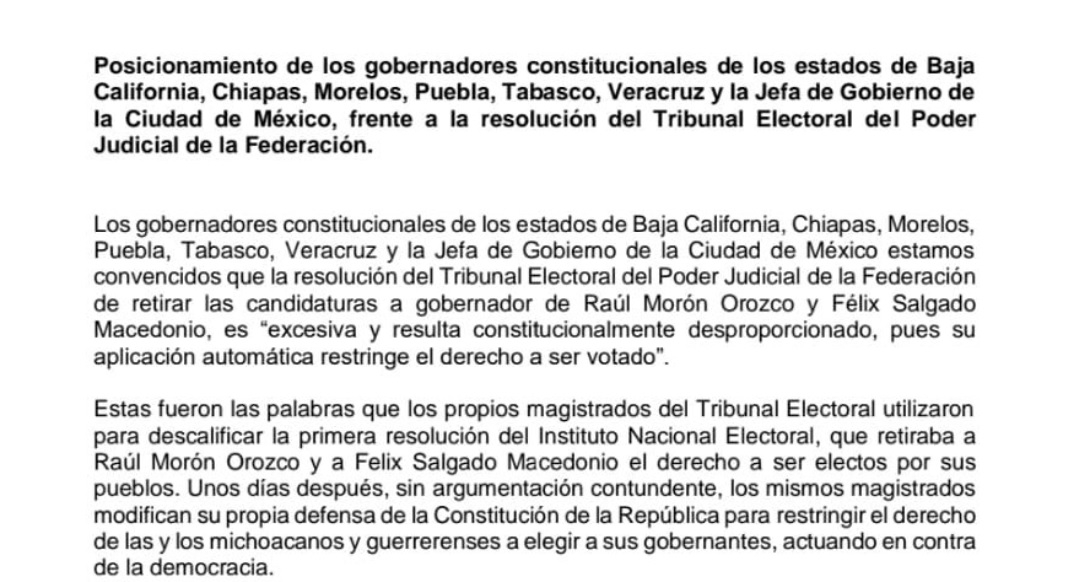 Barbosa y seis gobernadores se pronuncian contra el TEPJF por casos Salgado y Morón