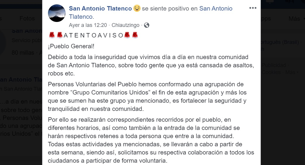 Anuncian en redes guardia comunitaria en Chiautzingo