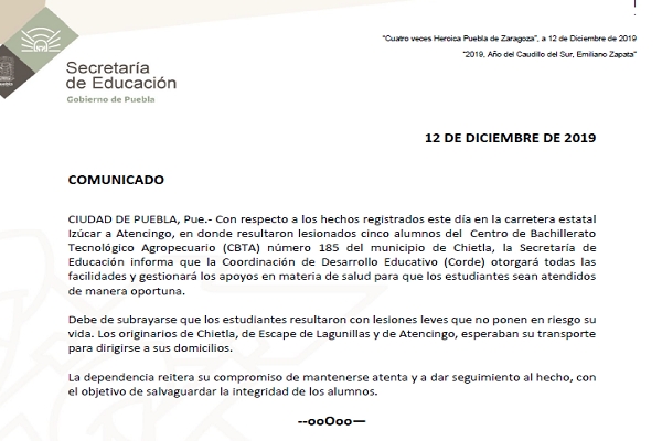 Percance vial dejó cinco alumnos del CBTA Chiautla lesionados: SEP otorgará apoyos