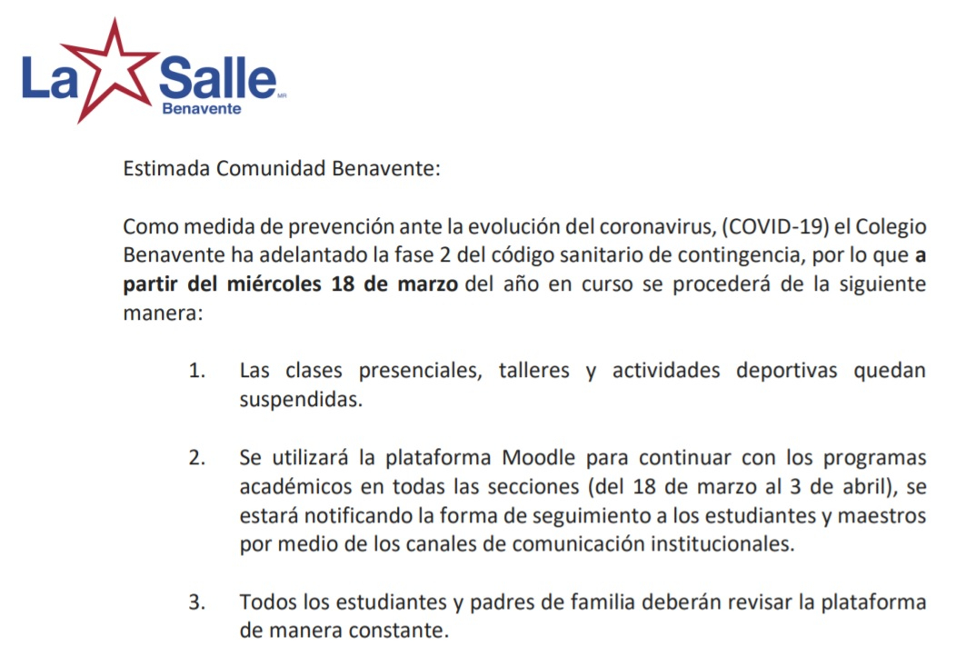 Benavente, Oriente e Iberia suspenden clases por coronavirus