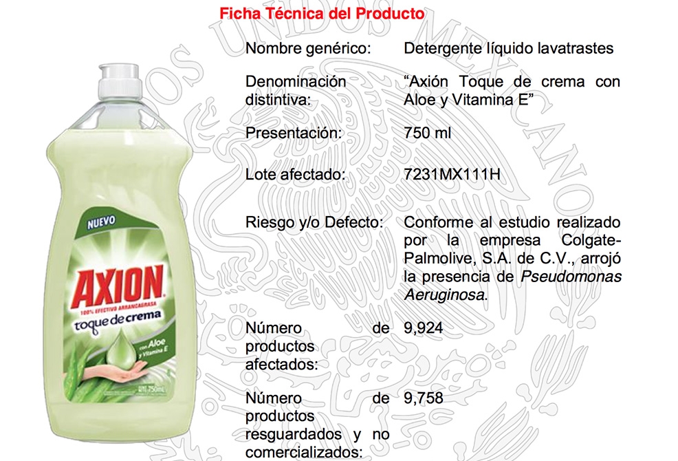 Profeco emite alerta por lavatrastes Axión contaminado con bacteria