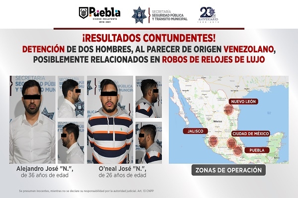 Cayeron dos venezolanos, ladrones de relojes de lujo en Puebla