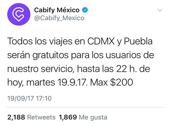 Cabify ofrece viajes gratis en Puebla tras sismo y genera repudio por caso de Mara Castilla