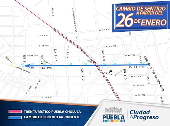 Por paso de Tren Turístico cambiarán sentido de 11 Norte y 44 Poniente