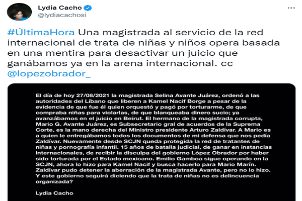 Magistrada ordena liberación de Kamel Nacif, revela Lydia Cacho en redes sociales