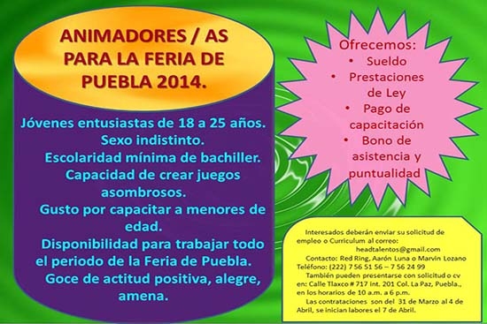 Feria de Puebla 2014: 50 vacantes para animadores (as)