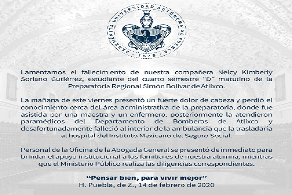 Muere estudiante en la preparatoria BUAP campus Atlixco