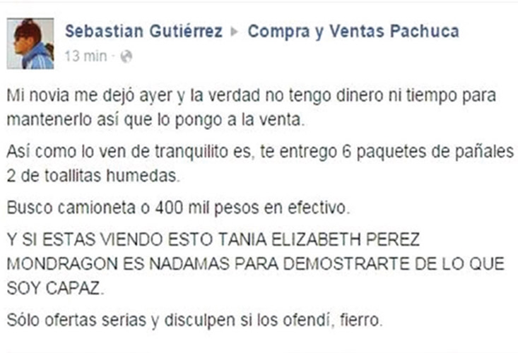 Puso en venta a su hijo en Facebook por 400 mil pesos o una camioneta