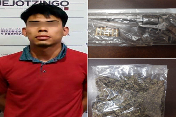 Sujeto con arma de fuego y droga es detenido por policías en Huejotzingo