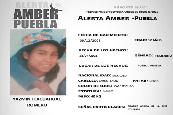 Activan Alerta Amber en Puebla para localizar a Yazmín Tlacuahuac