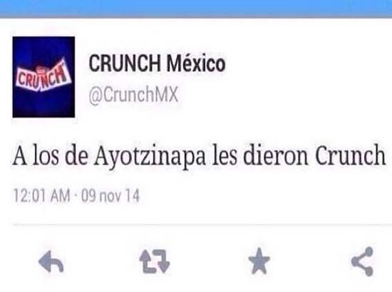 Indignación por tuit de marca de chocolate: “A los de Ayotzinapa les dieron Crunch”