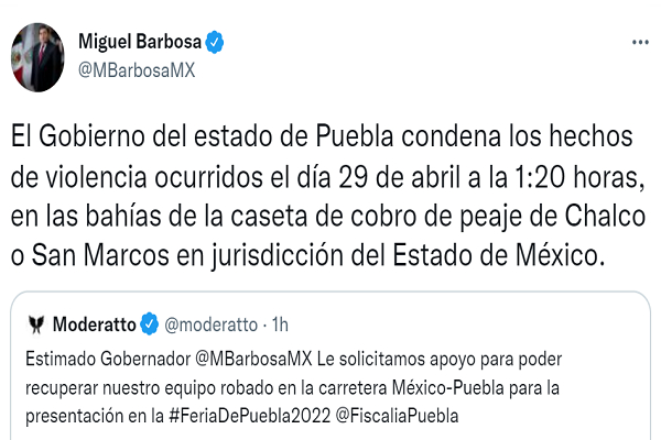 Condena Gobernador robo de equipo a Moderatto y agresión a choferes